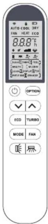 AUTO COOL DRY FAN HEAT ECO 8.8.8°E h OFF OPTION ✓ ↑ ECO TURBO MODE FAN OK
