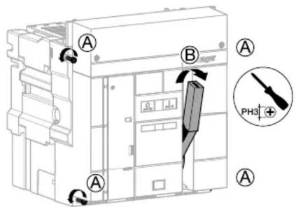 Technical diagram of an electrical switchgear with labeled components and a close-up view showing a screwdriver and indicator (PH3)