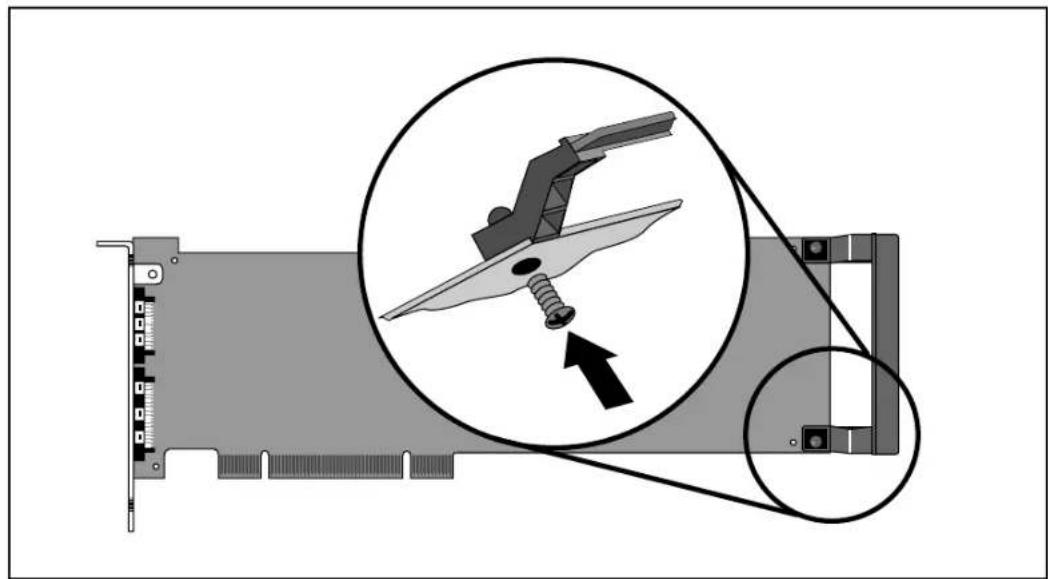 Diagram showing a computer RAM card slot with an inserted blade and magnified view highlighting the blade's tip and arrow.