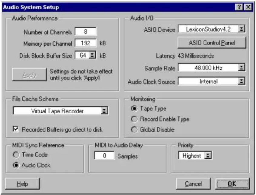 Audio System Setup Audio Performance Number of Channels 8 Memory per Channel 192 kB Disk Block Buffer Size 64 kB Apply Settings do not take effect until you click 'Apply! Audio I/O ASIO Device LexiconStudiov4.2 ASIO Control Panel Latency 43 Milliseconds Sample Rate 48.000 kHz Audio Clock Source Internal File Cache Scheme Virtual Tape Recorder Recorded Buffers go direct to disk Monitoring ● Tape Type ○ Record Enable Type ○ Global Disable MIDI Sync Reference ○ Time Code ● Audio Clock MIDI to Audio Delay 0 Samples Priority Highest Help Cancel OK