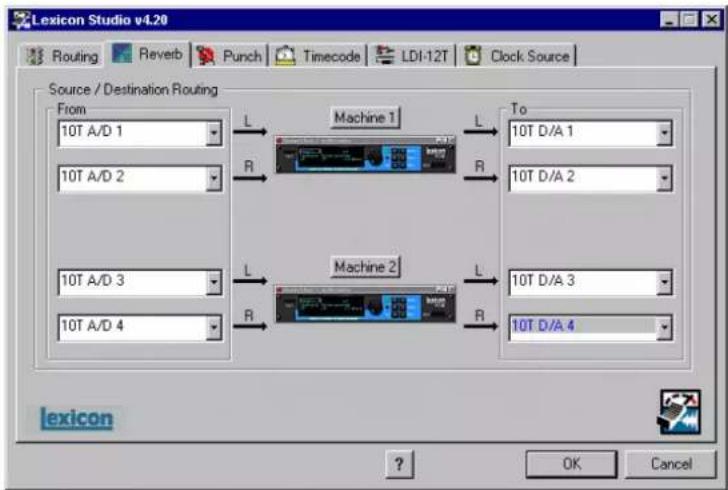 Lexicon Studio v4.20 Routing Reverb Punch Timecode(LDI-12T Clock Source Source / Destination Routing From 10T A/D 1 L Machine 1 L To 10T A/D 2 R R 10T D/A 1 10T A/D 3 L Machine 2 L 10T D/A 3 10T A/D 4 R R 10T D/A 4 lexicon ? OK Cancel