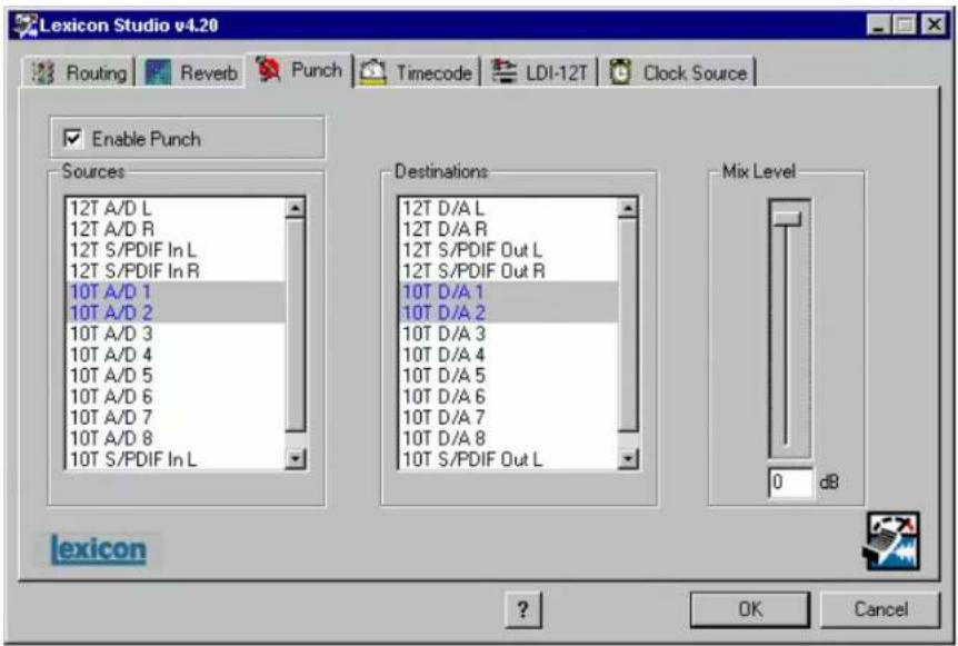 Lexicon Studio v4.20 Routing Reverb Punch Timecode LDI-12T Clock Source Enable Punch Sources 12T A/D L 12T A/D R 12T S/PDIF In L 12T S/PDIF In R 10T A/D 1 10T A/D 2 10T A/D 3 10T A/D 4 10T A/D 5 10T A/D 6 10T A/D 7 10T A/D 8 10T S/PDIF In L Destinations 12T D/A L 12T D/A R 12T S/PDIF Out L 12T S/PDIF Out R 10T D/A 1 10T D/A 2 10T D/A 3 10T D/A 4 10T D/A 5 10T D/A 6 10T D/A 7 10T D/A 8 10T S/PDIF Out L Mix Level 0 dB lexicon ? OK Cancel