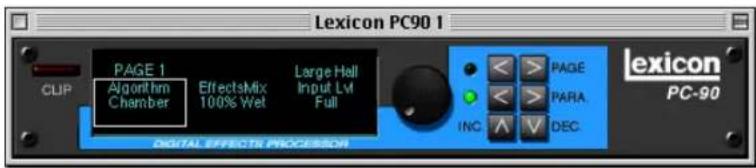 Lexicon PC90 1 PAGE 1 CLIP Algorithm Chamber EffectsMix 100% Wet Large Hall Input Lvl Full Digital Effectrix PROCESSOR LEXICON PC-90 < > PAGE < > PARA INC V DEC