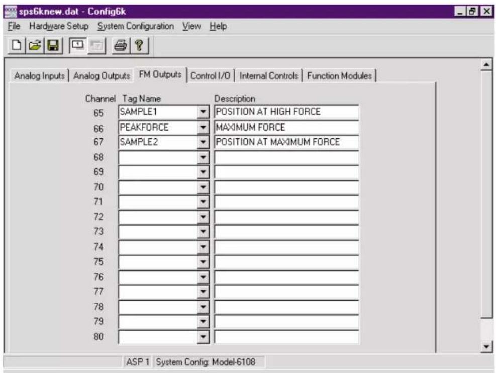 sps6knew.dat - Config6k File Hardware Setup System Configuration View Help Analog Inputs Analog Outputs FM Outputs Control I/O Internal Controls Function Modules Channel Tag Name Description 65 SAMPLE1 POSITION AT HIGH FORCE 66 PEAKFORCE MAXIMUM FORCE 67 SAMPLE2 POSITION AT MAXIMUM FORCE 68 69 70 71 72 73 74 75 76 77 78 79 80 ASP 1 System Config: Model-6108