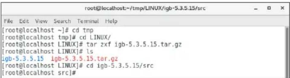 [root@localhost ~]# cd tmp [root@localhost tmp]# cd LINUX/ [root@localhost LINUX]# tar zxf igb-5.3.5.15.tar.gz [root@localhost LINUX]# ls igb-5.3.5.15 igb-5.3.5.15.tar.gz [root@localhost LINUX]# cd igb-5.3.5.15/src [root@localhost src]#