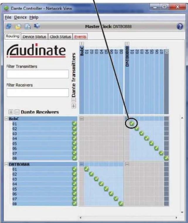 Dante Controller - Network View File Device Help Master Clock: DNTBOB88 Routing Device Status Clock Status Events Audinate Filter Transmitters Filter Receivers Dante Receivers BobC 01 02 03 04 05 06 07 08 DNTBOB88 01 02 03 04 05 06 07 08 DNTBOB88 01 02 03 04 05 06 07 08
