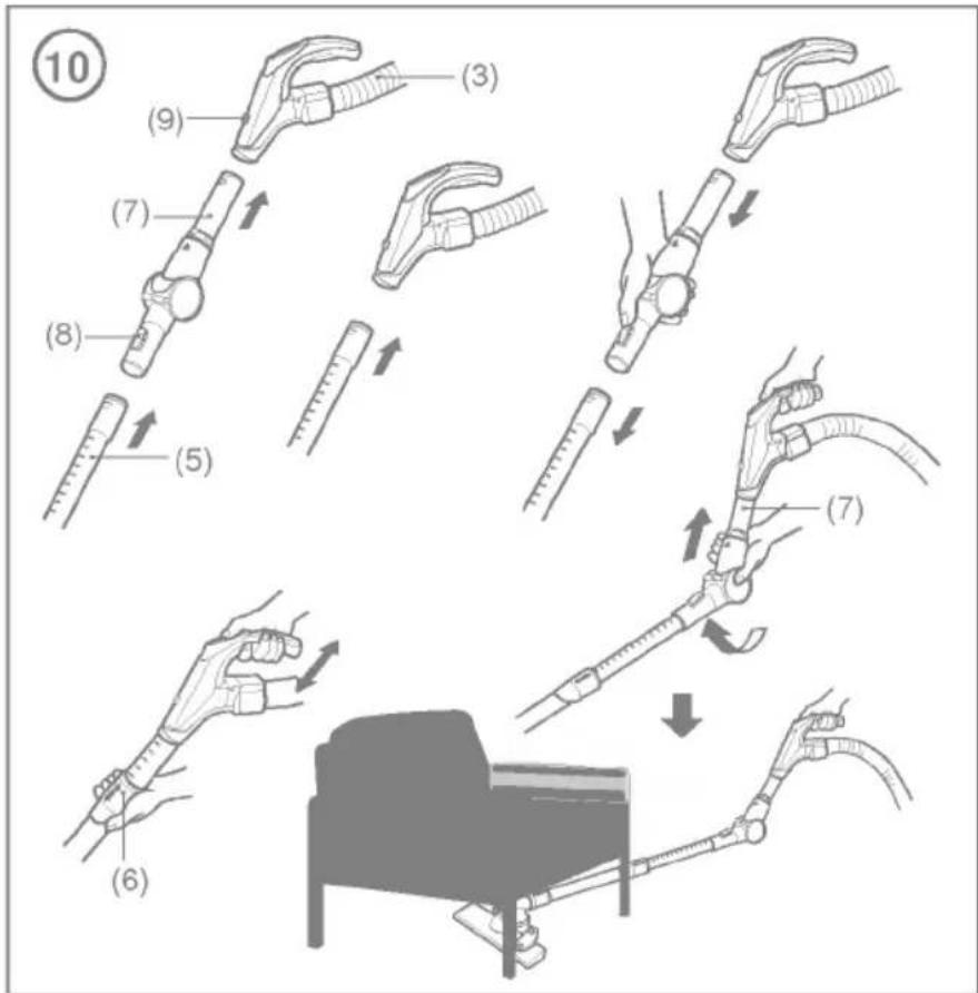 Medical procedure diagram showing step-by-step instructions for a medical procedure involving a device with labeled parts and a corresponding action diagram.