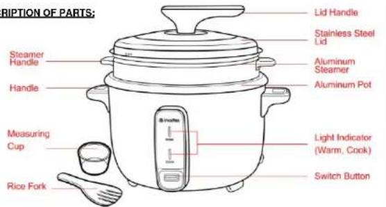 RIPTION OF PARTS: Steamer Handle Handle Measuring Cup Rice Fork Lid Handle Stainless Steel Lid Aluminum Steamer Aluminum Pot Light Indicator (Warm, Cook) Switch Button