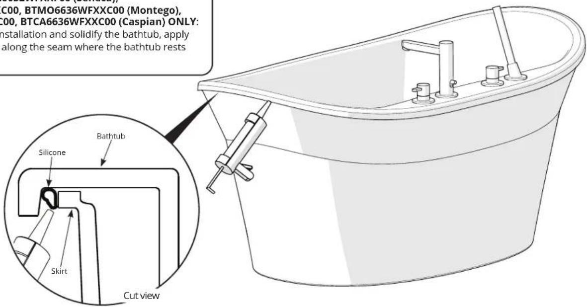 C00, BTMO6636WFXXC00 (Montego), C00, BTCA6636WFXXC00 (Caspian) ONLY: Installation and solidify the bathtub, apply along the seam where the bathtub rests Bathtub Silicone Skirt Cut view
