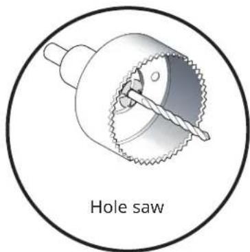 Diagram of a hole saw with a central screw and surrounding components, labeled 'Hole saw' (no other text or symbols)
