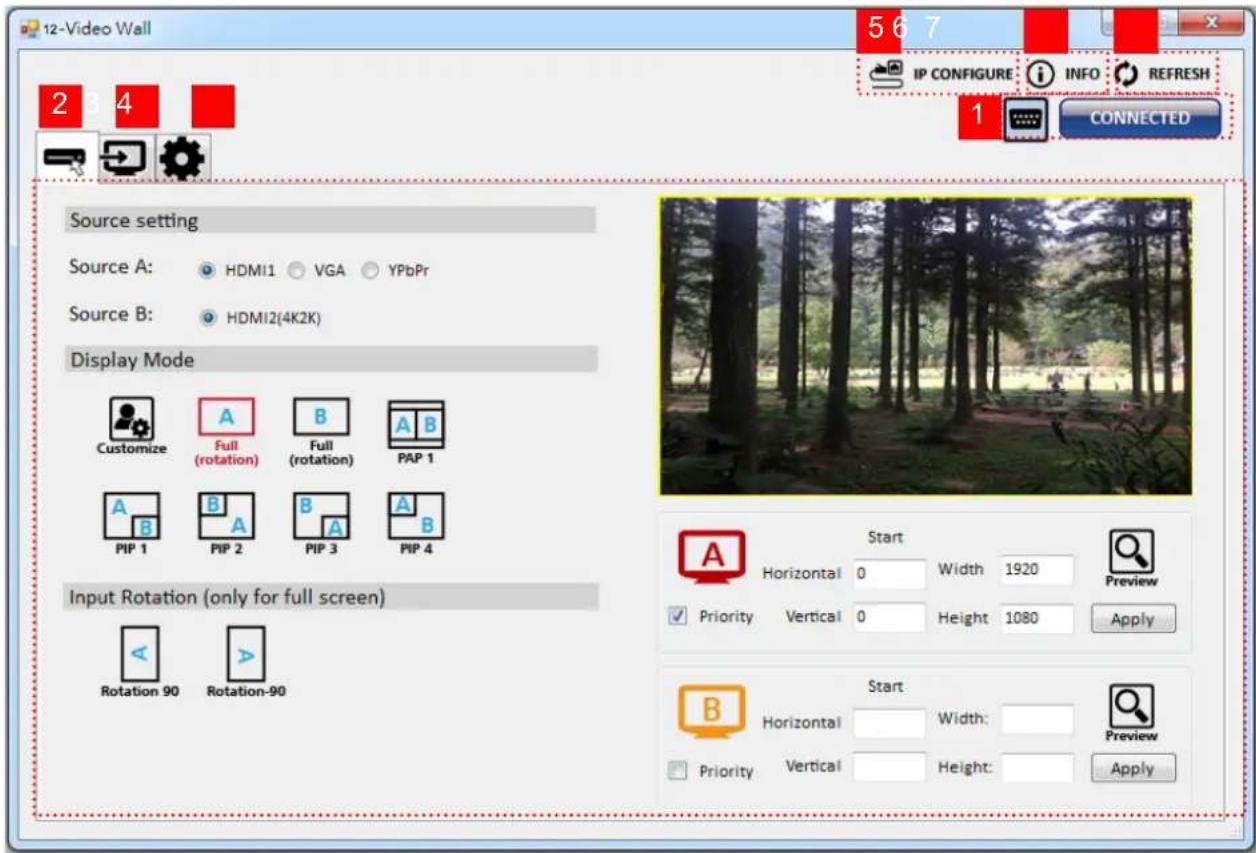 12-Video Wall 567 IP CONFIGURE INFO REFRESH 2 3 4 1 CONNECTED Source setting Source A: HDMI1 VGA YPbPr Source B: HDMI2(4K2K) Display Mode Customize A Full (rotation) B Full (rotation) PAP 1 PIP 1 B A PIP 2 B A PIP 3 A B PIP 4 Input Rotation (only for full screen) Rotation 90 Rotation-90 Start Horizontal 0 Width 1920 Preview Priority Vertical 0 Height 1080 Apply Start Horizontal Width: Priority Vertical Height: Apply Preview Apply