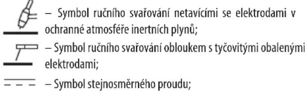 - Symbol ručního svařování netavícími se elektrodami v ochranné atmosféře inertních plynů; - Symbol ručního svařování obloukem s tyčovitými obalenými elektrodami; - Symbol stejnosměrného proudu;