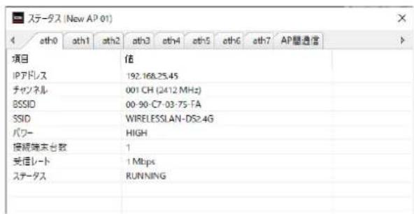 ステータス (New AP 01) 4 ath0 ath1 ath2 ath3 ath4 ath5 ath6 ath7 AP通信 項目 IPアドレス チャンネル BSSID SSID パワー 接続端末台数 受信レート ステータス 値 192.168.25.45 001 CH (2412 MHz) 00-90-C7-03-75-TA WIRELESSLAN-DS≥4G HIGH 1 Mbps RUNNING