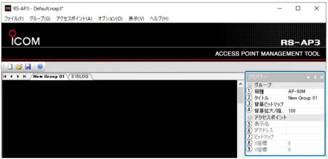 RS-AP3 - Default.rsap3* ファイル(F) グループ(G) アクセスポイント(A) オプション(O) 表示(V) ヘルプ(H) ICOM RS-AP3 ACCESS POINT MANAGEMENT TOOL プロパティー グループ ① 機種 AP-90M ② タイトル New Group 01 ③ 背景ピットマップ ④ 背景拡大/縮... 100 □ アクセスポイント ⑤ 表示名 ⑥ IPアドレス ⑦ ピットマップ ⑧ X座標 0 ⑨ Y座標 0
