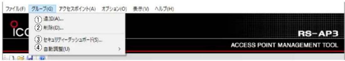 ファイル(F) グループ(G) アクセスポイント(A) オプション(O) 表示(V) ヘルブ(H) ① 追加(A)... ② 削除(D)... ③ セキュリティーダッシュボード(S)... ④ 自動調整(U) RS-AP3 ACCESS POINT MANAGEMENT TOOL