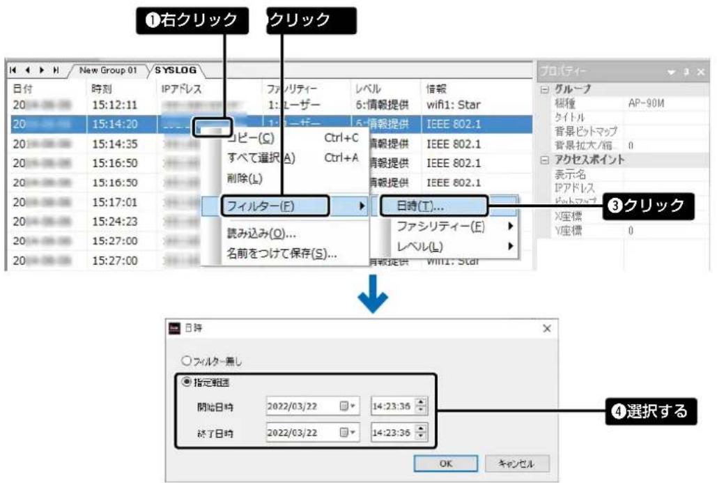 ①右クリック ②クリック New Group 01 SYSLOG 日付 時刻 IPアドレス ファリティー レベル 情報 20 15:12:11 1: レーザー 6:情報提供 wifi1: Star 20 15:14:20 ---- コリー(C) Ctrl+C 育報提供 IEEE 802.1 20 15:14:35 すべて選択(A) Ctrl+A 育報提供 IEEE 802.1 20 15:16:50 削除(L) 育報提供 IEEE 802.1 20 15:17:01 フィルター(E) 日時(T)... 20 15:24:23 読み込み(Q)... 20 15:27:00 名前をつけて保存(S)... 20 15:27:00 プロパティーブループ 桜種 AP-90M タイトル 背景ビットマップ 背景拡大/箱 0 アクセスポイント 表示名 IPアドレス ビットマップ X座標 Y座標 0 日時 ○フィルター無し ●指定範囲 開始日均 2022/03/22 14:23:36 終了日均 2022/03/22 14:23:36 OK キャンセル ④選択する