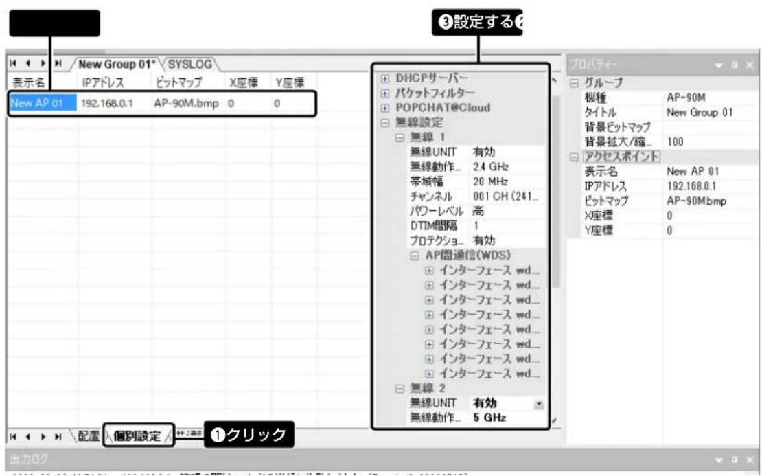 New Group 01* SYSLOG 表示名 IPアドレス ビットマップ X座標 Y座標 New AP 01 192.168.0.1 AP-90M.bmp 0 0 DHCPサーバー パケットフィルター POPCHAT@Cloud 無線設定 無線 1 無線UNIT 有効 無線動作 2.4 GHz 帯域幅 20 MHz チャンネル 001 CH (241_ パワーレベル 高 DTIM間隔 1 プロテクショ_ 有効 AP間通信(WDS) インターフェース wd_ インターフェース wd_ インターフェース wd_ インターフェース wd... インターフェース wd... インターフェース wd... 無線 2 無線UNIT 有効 無線動作 5 GHz ①クリック カロバティー グループ 機種 AP-90M タイトル New Group 01 背景ビットマップ 背景拡大/箱_ 100 アクセスポイント 表示名 New AP 01 IPアドレス 192.168.0.1 ビットマップ AP-90Mbmp X座標 0 Y座標 0