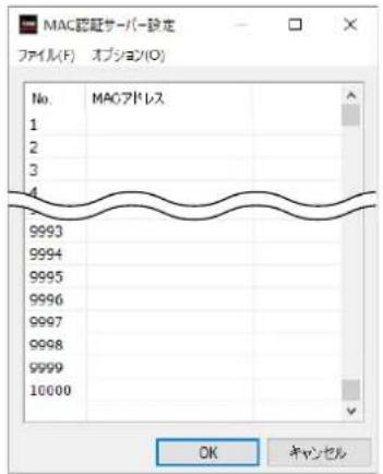 MAC認証サーバー設定 ファイル(F) オプション(O) No. MACアドレス 1 2 3 4 9993 9994 9995 9996 9997 9998 9999 10000 OK キャンセル