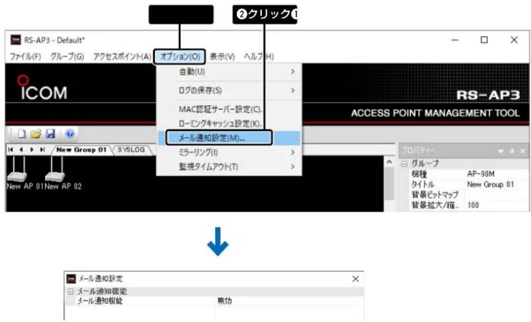 ②クリック1 RS-AP3 - Default* ファイル(F) グループ(G) アクセスポイント(A) オプション(O) 表示(V) ヘルプ(H) 自動(U) ログの保存(S) MAC認証サーバー設定(C). ローミングキャッシュ設定(K). メール通知設定(M)... ミラーリング(I) 監視タイムアウト(T) RS-AP3 ACCESS POINT MANAGEMENT TOOL プロパティー グループ 桝種 AP-90M タイトル New Group 01 背景ピットマップ 背景拡大/縮... 100 New Group 01 New AP 02 メール通知設定 メール通知機能 メール通知機能 無効