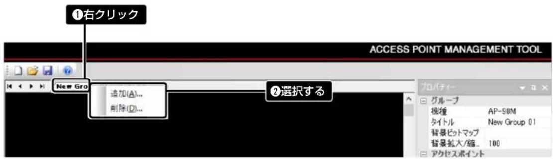 ①右クリック ACCESS POINT MANAGEMENT TOOL New Gro 追加(A)... 削除(D)... ②選択する アカバティー グループ 視復 AP-90M タイトル New Group 01 背景ビットマップ 背景拡大/縮... 100 アクセスポイント