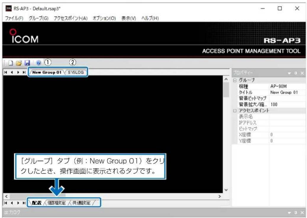 RS-AP3 - Default.rsap3* ファイル(F) グループ(G) アクセスポイント(A) オプション(O) 表示(V) ヘルプ(H) ICOM RS-AP3 ACCESS POINT MANAGEMENT TOOL New Group 01 SYSLOG [グループ] タブ（例：New Group 01）をクリックしたとき、操作画面に表示されるタブです。 配置 /個別設定 /共通設定 / カバティ- グループ 桜種 AP-90M タイトル New Group 01 背景ビットマップ 背景拡大/縮 100 アクセスポイント 表示名 IPアドレス ビットマップ X座標 0 Y座標 0