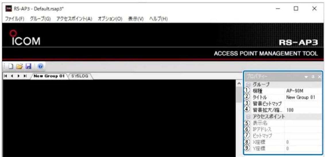 RS-AP3 - Default.rsap3* ファイル(F) グループ(G) アクセスポイント(A) オプション(O) 表示(V) ヘルプ(H) ICOM RS-AP3 ACCESS POINT MANAGEMENT TOOL New Group 01 SYSLOG プロバティー グループ ① 機種 AP-90M ② タイトル New Group 01 ③ 背景ビットマップ ④ 背景拡大/縮 100 ⑤ アクセスポイント ⑥ 表示名 ⑦ IPアドレス ⑧ ビットマップ ⑧ X座標 0 ⑨ Y座標 0