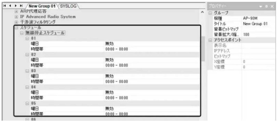 New Group 01 \SYSLOG ARP代理応答 IP Advanced Radio System 干渉波フィルタリング スケジュール 無線停止スケジュール 01 曜日 無効 時間帯 00:00 - 00:00 02 曜日 無効 時間帯 00:00 - 00:00 03 曜日 無効 時間帯 00:00 - 00:00 04 曜日 無効 時間帯 00:00 - 00:00 05 曜日 無効 時間帯 00:00 - 00:00 プロパティ- グループ 桝種 AP-90M タイトル.New Group 01 背景ピットマップ 背景拡大/縮... 100 アクセスポイント 表示名 IPアドレス ピットマップ X座標 0 Y座標 0