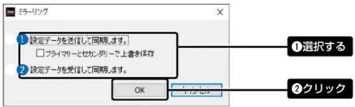 ミラーリング ①設定データを送信して同期します。 □プライマリーとセカンダリーで上書き保存 ②設定データを受信して同期します。 OK ①選択する ②クリック