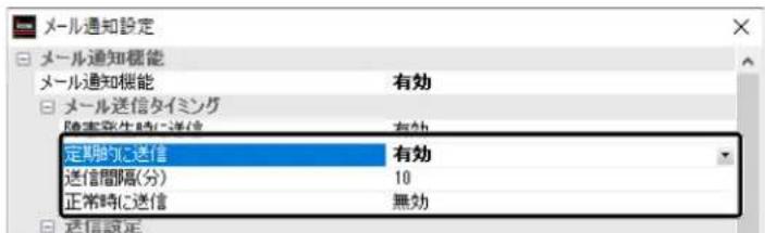 メール通知設定 メール通知機能 メール通知機能 有効 メール送信タイミング 随意發生時に送信 有効 定期的に送信 有効 送信間隔(分) 10 正常時に送信 無効 送信設定