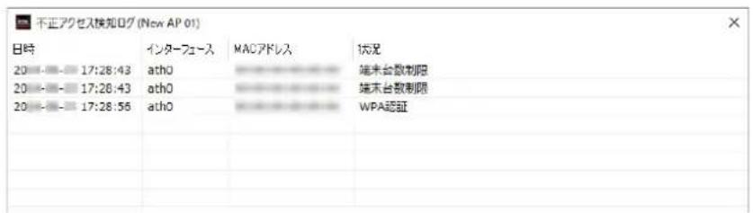 下正アクセス検知ログ (New AP 01) 日時 インターネット MACアドレス 情况 20 - - 17:28:43 ath0 *************** 端末台数制限 20 - - 17:28:43 ath0 *************** 端末台数制限 20 - - 17:28:56 ath0 *************** WPA認証