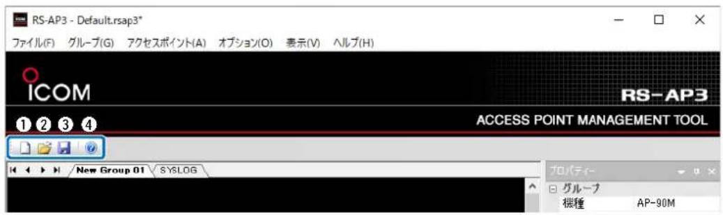 RS-AP3 - Default.rsap3* ファイル(F) グループ(G) アクセスポイント(A) オプション(O) 表示(V) ヘルプ(H) ICOM 1 2 3 4 RS-AP3 ACCESS POINT MANAGEMENT TOOL New Group 01 SYSLOG プロパティ- グループ 機種 AP-90M