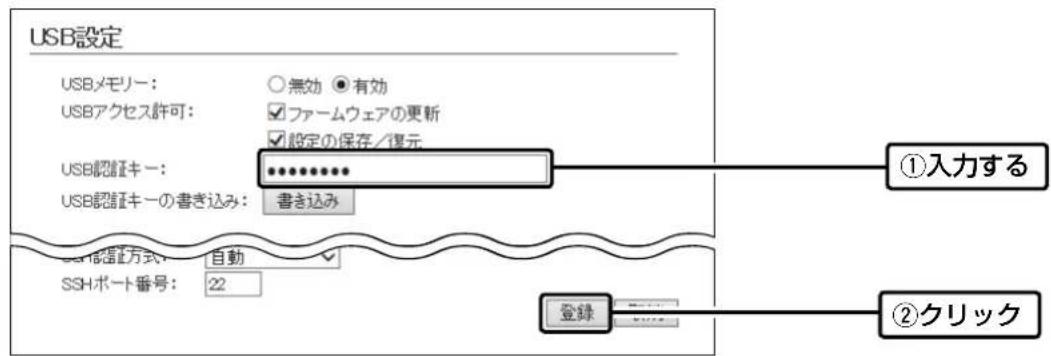 USB設定 USBメモリー: ○無効 ●有効 USBアクセス許可: ✓ファームウェアの更新 ✓設定の保存/復元 USB認証キー: ********** USB認証キーの書き込み: 書き込み ①入力する SSH認証方式: 自動 ✓ SSHポート番号: 22 登録