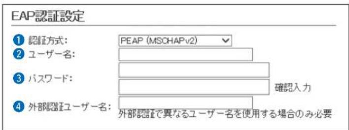 EAP認証設定 ① 認証方式: PEAP (MSCHAPv2) ② ユーザー名: ③ パスワード: 確認入力 ④ 外部認証ユーザー名: 外部認証で異なるユーザー名を使用する場合のみ必要