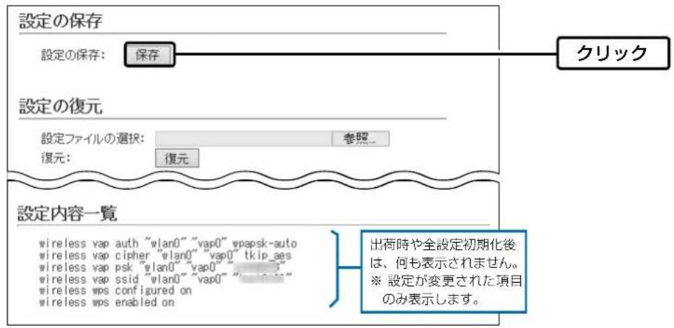 設定の保存 設定の保存: 保存 設定の復元 設定ファイルの選択: 参照 復元: 復元 設定内容一覧 wireless vap auth "wlan0" "vap0" wpapsk-auto wireless vap cipher "wlan0" "vap0" tkip_aes wireless vap psk "wlan0" "vap0" ... wireless vap ssid "wlan0" "vap0" ... wireless wps configured on wireless wps enabled on 出荷時や全設定初期化後は、何も表示されません。 ※ 設定が変更された項目のみ表示します。