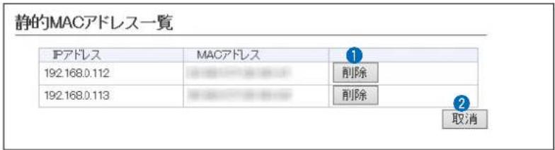 静的MACアドレス一覧 IPアドレス MACアドレス ① 192.168.0.112 削除 192.168.0.113 削除 ② 取消