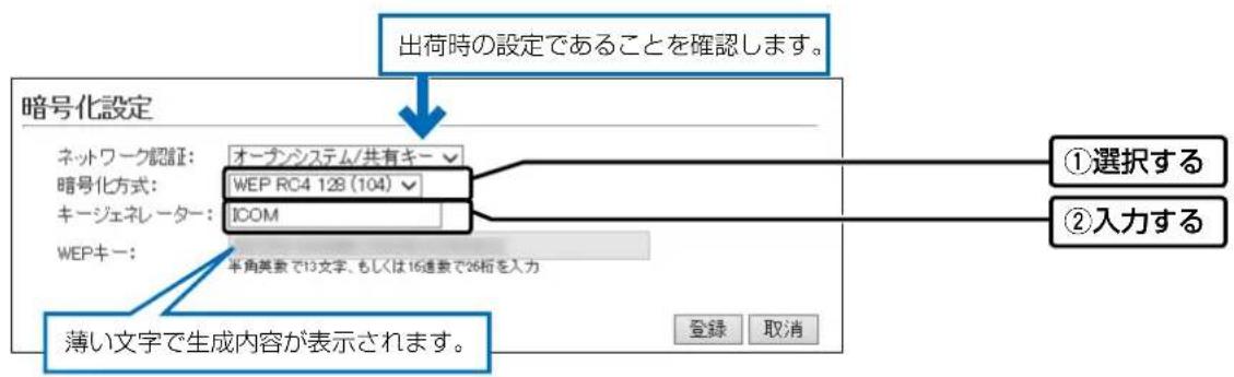 出荷時の設定であることを確認します。 暗号化設定 ネットワーク認証: オーチシステム/共有キー 暗号化方式: WEP RC4 12B (104) ✓ キージェネレーター: ICOM WEPキー: 半角英数で13文字、もしくは16通数で36桁を入力 薄い文字で生成内容が表示されます。 ①選択する ②入力する 登録 取消