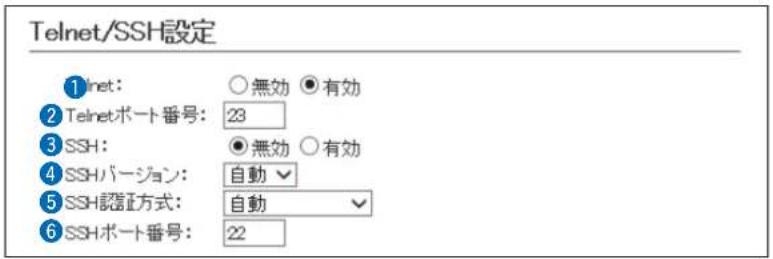 Telnet/SSH設定 ① Inet: ○無効 ●有効 ② Telnetポート番号: 23 ③ SSH: ●無効 ○有効 ④ SSHバージョン: 自動 ✓ ⑤ SSH認証方式: 自動 ✓ ⑥ SSHポート番号: 22