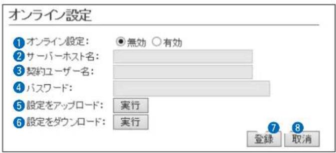オンライン設定 ① オンライン設定: ○無効 ○有効 ② サーバーホスト名: ③ 契約ユーザー名: ④ パスワード: ⑤ 設定をアップロード: 実行 ⑥ 設定をダウンロード: 実行 7 8 登録 取消