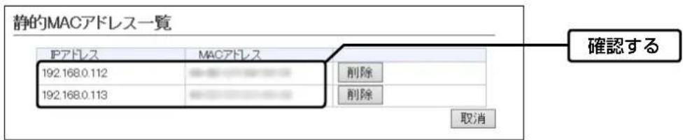 静的MACアドレス一覧 IPアドレス MACアドレス 192.168.0.112 削除 192.168.0.113 削除 取消 確認する