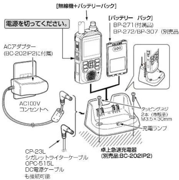 [無線機+バッテリーパック] [バッテリー パック] BP-271(付属品) BP-272/BP-307 (別売品) ACアダプター (BC-202IP2に付属) AC100V コンセントへ CP-23L シガレットライターケーブル OPC-515L DC電源ケーブル も接続可能 タッピングスジ 2本 (市販品) M3.5×30mm 充電ランプ 卓上急速充電器 (別売品:BC-202IP2)