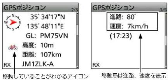 GPSポジション 35° 34'17"N 135° 48'11"E GL: PM75VN 高度: 10m 距離: 107km JM1ZLK-A RX 移動していることがわかるアイコン GPSポジション 進路: 80° 速度: 7km/h (17:23) RX 移動局は進路、速度を表示