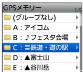 GPSメモリー (グループなし) A: アイコム B: ネフェスタ会場 C: 二鉄道・道の駅 D: ▲富士山 E: ▲谷川岳