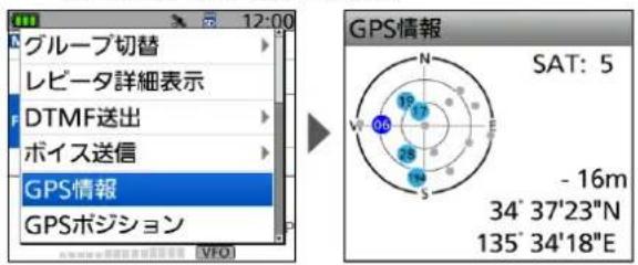 グループ切替 レビータ詳細表示 DTMF送出 ボイス送信 GPS情報 GPSポジション VFO GPS情報 SAT: 5 - 16m 34° 37'23"N 135° 34'18"E