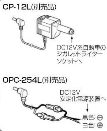 CP-12L(別売品) DC12V系自動車の シガレットライタ- ソケットへ OPC-254L(別売品) DC12V 安定化電源装置へ 黒色: ⊖ 白色: ⊕