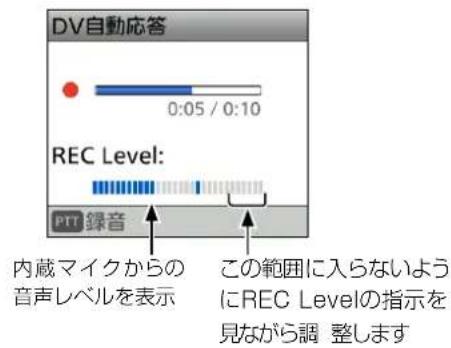 DV自動応答 0:05 / 0:10 REC Level: PTT 録音 内蔵マイクからの 音声レベルを表示 この範囲に入らないように REC Levelの指示を見ながら調 整します