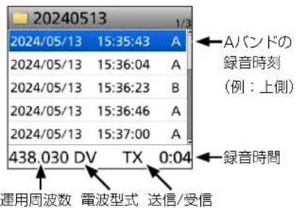 20240513 2024/05/13 15:35:43 A 2024/05/13 15:36:04 A 2024/05/13 15:36:23 B 2024/05/13 15:36:46 A 2024/05/13 15:37:00 A 438.030 DV TX 0:04 Aバンドの 録音時刻 (例:上側) 録音時間 運用周波数 電波型式 送信/受信
