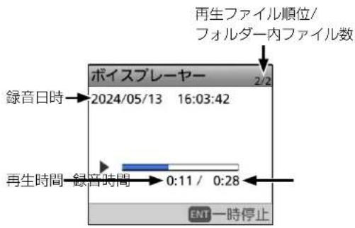 再生ファイル順位/ フォルダー内ファイル数 ボイスプレーヤー 2/2 録音日時→2024/05/13 16:03:42 再生時間→録音時間→0:11 / 0:28 ENT 一時停止
