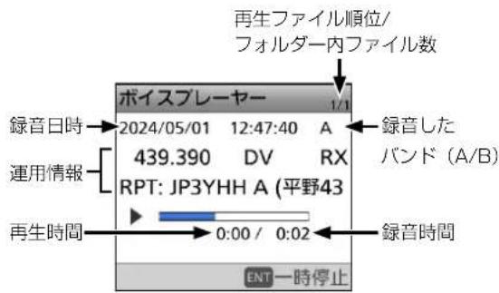 再生ファイル順位/ フォルダー内ファイル数 ボイスプレーヤー 1/1 録音日時 2024/05/01 12:47:40 A 439.390 DV RX RPT: JP3YHH A (平野43) 運用情報 再生時間 0:00 / 0:02 録音した バンド (A/B) 録音時間 ENT一時停止