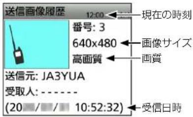 送信画像履歴 12:00 番号: 3 640x480 高画質 送信元: JA3YUA 受取人: ---- (20 / / / 10:52:32) 現在の時刻 画像サイズ 画質 受信日時
