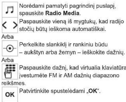 Norédami pamatyti pagrindinj puslapi, spauskite Radio Media. Paspauskite vieną iš mygtukų, kad radijo stočių būtų ieškoma automatiškai. Arba Perkelkite slankiklj ir rankiniu būdu - aukštyn arba žemyn - ieškokite dažnių. Arba Paspauskite dažnį, kad virtualia klaviatūra jvestumėte FM ir AM dažnių diapazono reikšmes. OK Patvirtinkite spustelėdami „OK”.